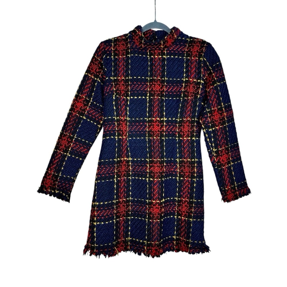 Chic NYC Women's Plaid Tweed Mini Dress - Blue Red Yellow - XS - Party Holiday